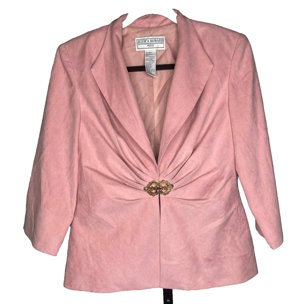 Vintage Womens Jessica Howard Blazer Size 10P pink front clasp rhinestone ruched